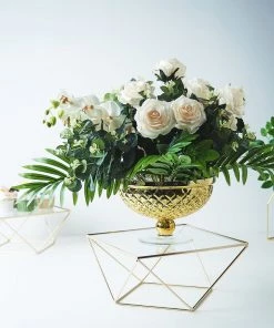 HIER_4110 Set Of 3 | Gold Metal Geometric Stackable Cake/Dessert Stand Pedestals With Square Glass Top Chargers & Centerpieces