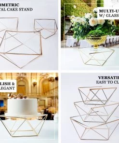 HIER_4110 14" Gold Metal Geometric Cake Stand Display Centerpiece Pedestal Riser With Square Glass Top Chargers & Centerpieces 10 HIER_4110 14