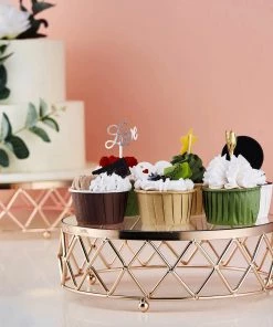 HIER_4110 10" Gold Metal Geometric Diamond Cut Cake Stand, Dessert Display Riser With Glass Top