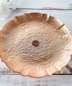 HIER_4110 14" Rose Gold Glass Pedestal Cake Stand Plate, Cupcake Holder, Dessert/Appetizer Display - Scalloped Edge Chargers & Centerpieces