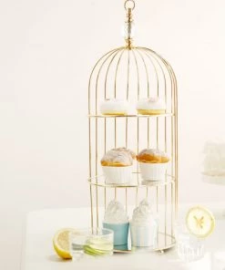 HIER_4110 22" Crystal Top 3-Tier Bird Cage Cupcake Cake Stand, Serving Tray With Option To Hang - Mirror Base