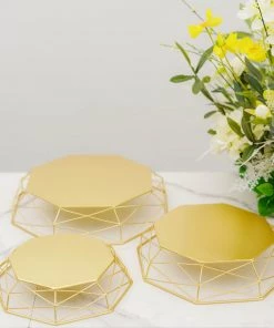 HIER_4110 Chargers & Centerpieces Set Of 3 | Gold Metal Geometric Cake Stands Reversible Octagon Baskets - 7"| 9"| 11"