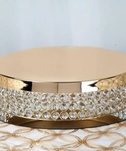 HIER_4110 Chargers & Centerpieces 13" Gold Crystal Beaded Metal Cake Stand Pedestal, Cupcake Display, Dessert Riser