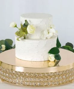 HIER_4110 15" Gold Crystal Beaded Metal Cake Stand Pedestal, Cupcake Display, Dessert Riser