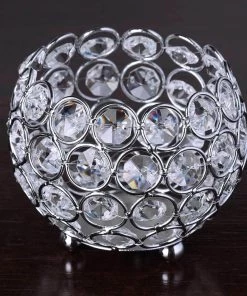 HIER_4310 4" Round Silver Crystal Beaded Metallic Votive Tealight Candle Holder, Multipurpose Table Vase Chargers & Centerpieces