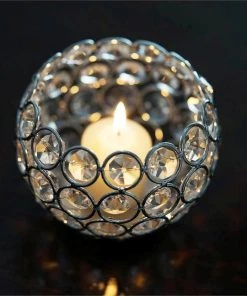 HIER_4310 4" Round Silver Crystal Beaded Metallic Votive Tealight Candle Holder, Multipurpose Table Vase Chargers & Centerpieces