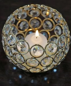 HIER_4400 4" Round Gold Crystal Beaded Metal Votive Tealight Candle Holder, Multipurpose Table Vase