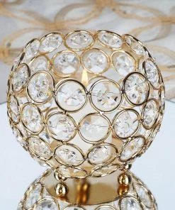 HIER_4400 4" Round Gold Crystal Beaded Metal Votive Tealight Candle Holder, Multipurpose Table Vase