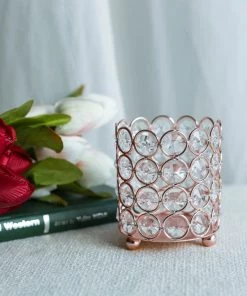 HIER_4400 4" Tall Blush/Rose Gold Crystal Beaded Metal Votive Tealight Candle Holder, Multipurpose Table Vase