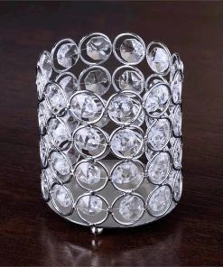 HIER_4310 4" Tall Silver Crystal Beaded Metallic Votive Tealight Candle Holder, Multipurpose Table Vase Chargers & Centerpieces