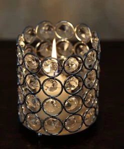 HIER_4310 4" Tall Silver Crystal Beaded Metallic Votive Tealight Candle Holder, Multipurpose Table Vase Chargers & Centerpieces