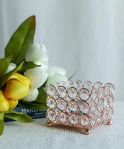 HIER_4400 Chargers & Centerpieces 3" Blush/Rose Gold Metal Square Votive Tealight Candle Holder, Multipurpose Table Vase