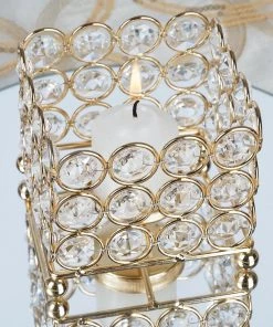 HIER_4400 3" Shiny Gold Metal Square Votive Tealight Candle Holder, Multipurpose Table Vase Chargers & Centerpieces