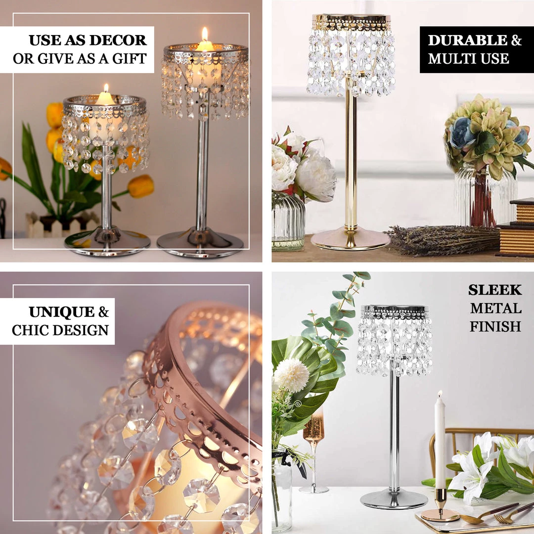 HIER_4310 12" Silver Crystal Beaded Chandelier Votive Pillar Candle Holder, Metal Tealight Candle Stand Chargers & Centerpieces 4 HIER_4310 12" Silver Crystal Beaded Chandelier Votive Pillar Candle Holder, Metal Tealight Candle Stand Chargers & Centerpieces