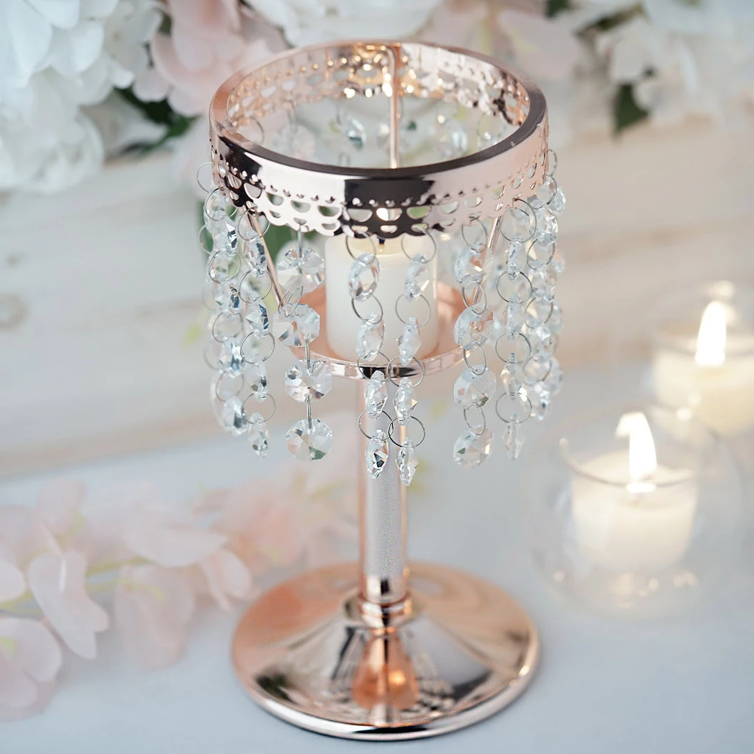 HIER_4400 Chargers & Centerpieces 8" Blush/Rose Gold Crystal Beaded Chandelier Votive Pillar Candle Holder, Metal Tealight Candle Stand 7 HIER_4400 Chargers & Centerpieces 8" Blush/Rose Gold Crystal Beaded Chandelier Votive Pillar Candle Holder, Metal Tealight Candle Stand