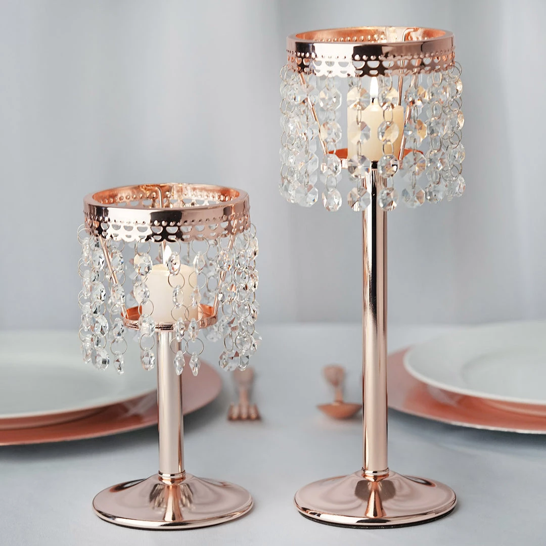 HIER_4400 Chargers & Centerpieces 8" Blush/Rose Gold Crystal Beaded Chandelier Votive Pillar Candle Holder, Metal Tealight Candle Stand 8 HIER_4400 Chargers & Centerpieces 8" Blush/Rose Gold Crystal Beaded Chandelier Votive Pillar Candle Holder, Metal Tealight Candle Stand