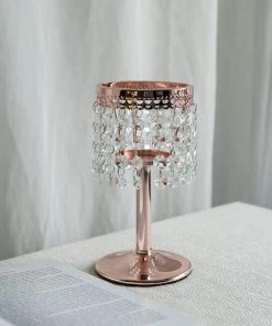 HIER_4400 Chargers & Centerpieces 8" Blush/Rose Gold Crystal Beaded Chandelier Votive Pillar Candle Holder, Metal Tealight Candle Stand 22 HIER_4400 Chargers & Centerpieces 8
