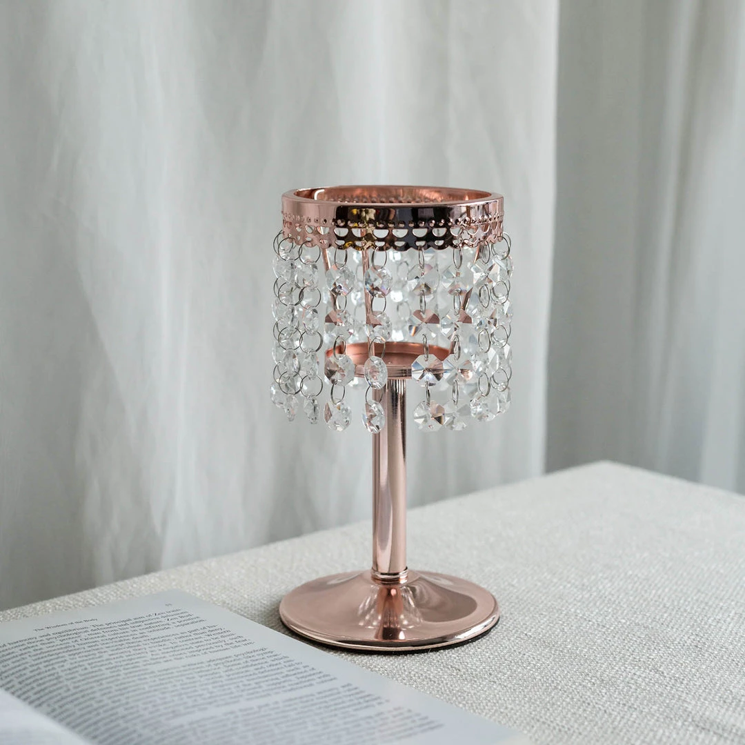 HIER_4400 Chargers & Centerpieces 8" Blush/Rose Gold Crystal Beaded Chandelier Votive Pillar Candle Holder, Metal Tealight Candle Stand 9 HIER_4400 Chargers & Centerpieces 8" Blush/Rose Gold Crystal Beaded Chandelier Votive Pillar Candle Holder, Metal Tealight Candle Stand