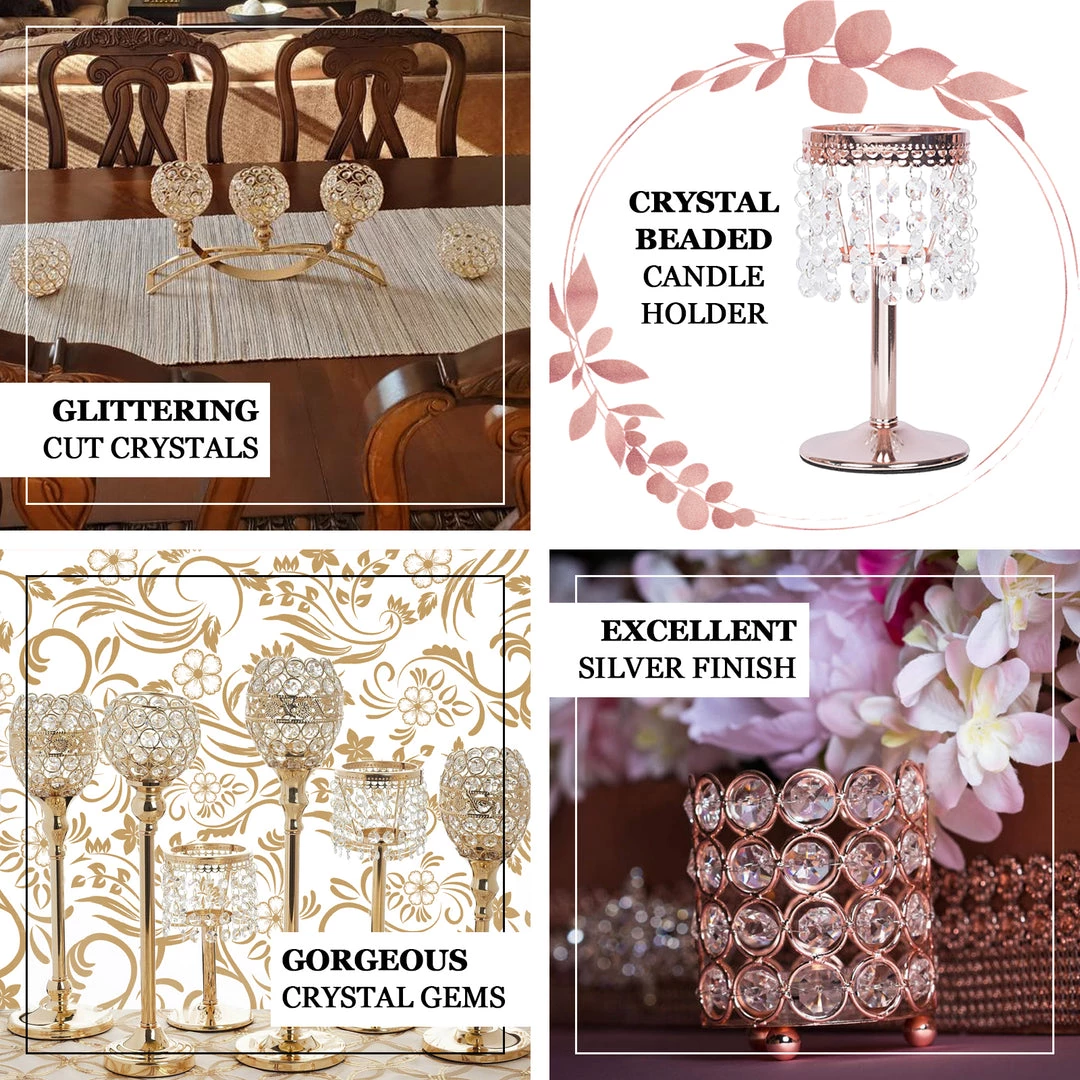 HIER_4400 Chargers & Centerpieces 8" Blush/Rose Gold Crystal Beaded Chandelier Votive Pillar Candle Holder, Metal Tealight Candle Stand 4 HIER_4400 Chargers & Centerpieces 8" Blush/Rose Gold Crystal Beaded Chandelier Votive Pillar Candle Holder, Metal Tealight Candle Stand