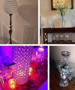 HIER_4400 8" Gold Crystal Beaded Chandelier Votive Pillar Candle Holder, Metal Tealight Candle Stand 15 HIER_4400 8