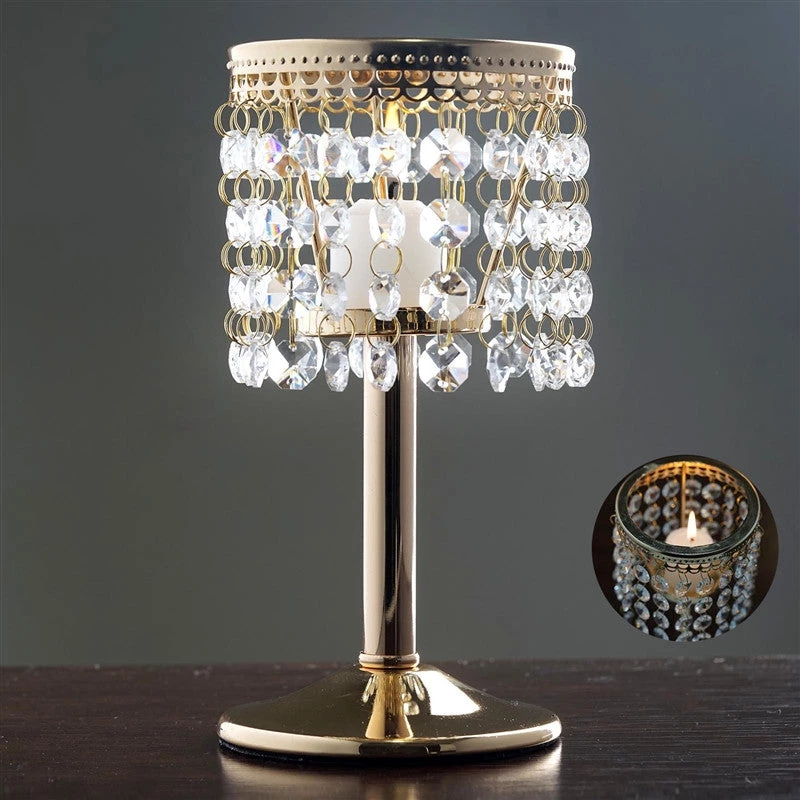 HIER_4400 8" Gold Crystal Beaded Chandelier Votive Pillar Candle Holder, Metal Tealight Candle Stand 1 HIER_4400 8" Gold Crystal Beaded Chandelier Votive Pillar Candle Holder, Metal Tealight Candle Stand