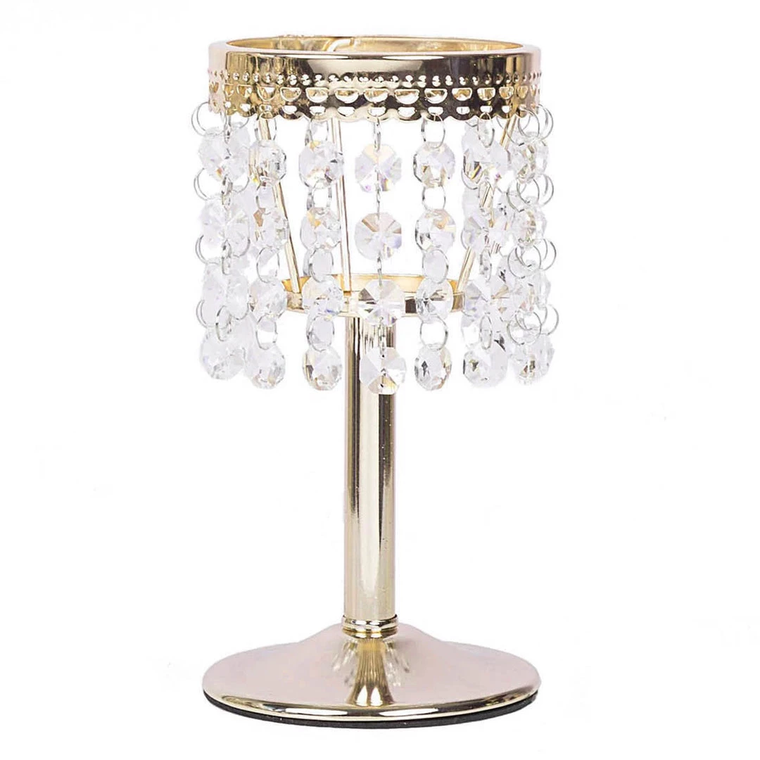 HIER_4400 8" Gold Crystal Beaded Chandelier Votive Pillar Candle Holder, Metal Tealight Candle Stand 10 HIER_4400 8" Gold Crystal Beaded Chandelier Votive Pillar Candle Holder, Metal Tealight Candle Stand