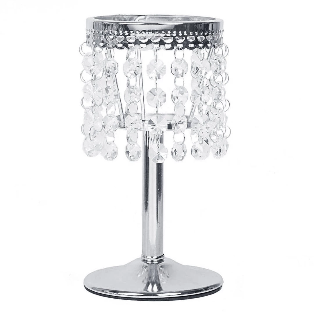 HIER_4400 Chargers & Centerpieces 8" Silver Crystal Beaded Chandelier Votive Pillar Candle Holder, Metal Tealight Candle Stand 8 HIER_4400 Chargers & Centerpieces 8" Silver Crystal Beaded Chandelier Votive Pillar Candle Holder, Metal Tealight Candle Stand