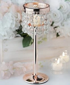 HIER_4400 Chargers & Centerpieces 12" Blush/Rose Gold Crystal Beaded Chandelier Votive Pillar Candle Holder, Metal Tealight Candle Stand