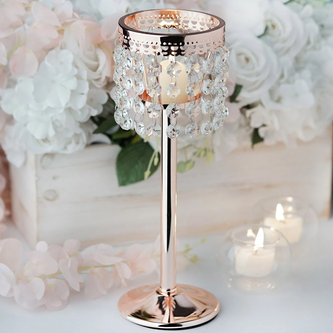 HIER_4400 Chargers & Centerpieces 12" Blush/Rose Gold Crystal Beaded Chandelier Votive Pillar Candle Holder, Metal Tealight Candle Stand 1 HIER_4400 Chargers & Centerpieces 12" Blush/Rose Gold Crystal Beaded Chandelier Votive Pillar Candle Holder, Metal Tealight Candle Stand