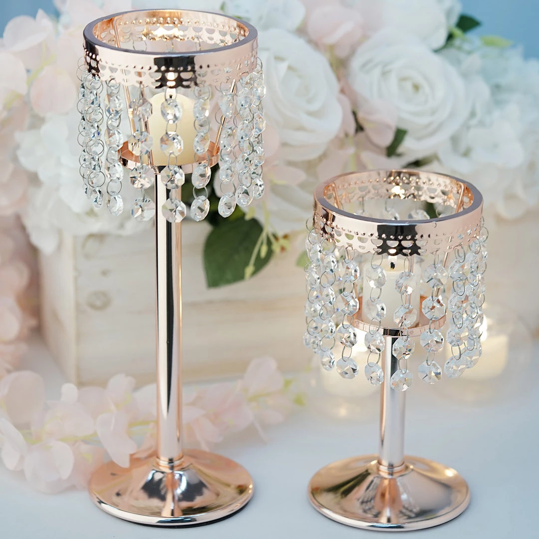 HIER_4400 Chargers & Centerpieces 12" Blush/Rose Gold Crystal Beaded Chandelier Votive Pillar Candle Holder, Metal Tealight Candle Stand 7 HIER_4400 Chargers & Centerpieces 12" Blush/Rose Gold Crystal Beaded Chandelier Votive Pillar Candle Holder, Metal Tealight Candle Stand