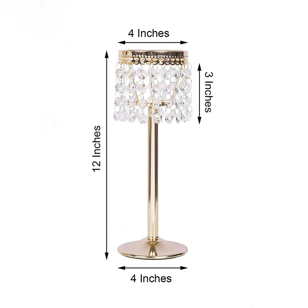 HIER_4400 12" Gold Crystal Beaded Chandelier Votive Pillar Candle Holder, Metal Tealight Candle Stand 3 HIER_4400 12" Gold Crystal Beaded Chandelier Votive Pillar Candle Holder, Metal Tealight Candle Stand