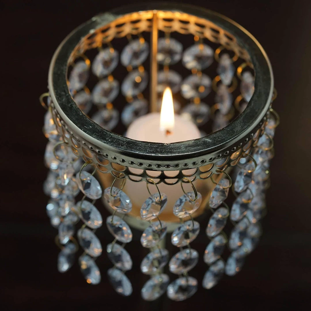 HIER_4400 12" Gold Crystal Beaded Chandelier Votive Pillar Candle Holder, Metal Tealight Candle Stand 6 HIER_4400 12" Gold Crystal Beaded Chandelier Votive Pillar Candle Holder, Metal Tealight Candle Stand