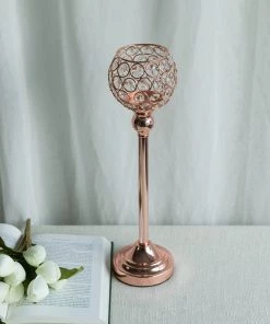 HIER_4400 16" Tall Blush/Rose Gold Crystal Votive Pillar Candle Holder, Metal Tealight Round Candle Stand Chargers & Centerpieces