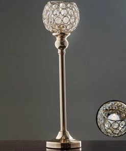 HIER_4400 Chargers & Centerpieces 16" Tall Gold Crystal Votive Pillar Candle Holder, Metal Tealight Round Candle Stand