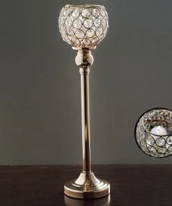 HIER_4400 Chargers & Centerpieces 16" Tall Gold Crystal Votive Pillar Candle Holder, Metal Tealight Round Candle Stand
