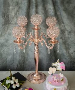 HIER_4340 Chargers & Centerpieces 25" Tall 5 Arm Blush/Rose Gold Crystal Beaded Globe Metal Candelabra Candle Holder