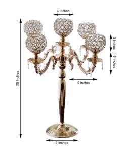 HIER_3820 Chargers & Centerpieces 25" Tall 5 Arm Gold Crystal Beaded Globe Metal Candelabra Candle Holder 11 HIER_3820 Chargers & Centerpieces 25