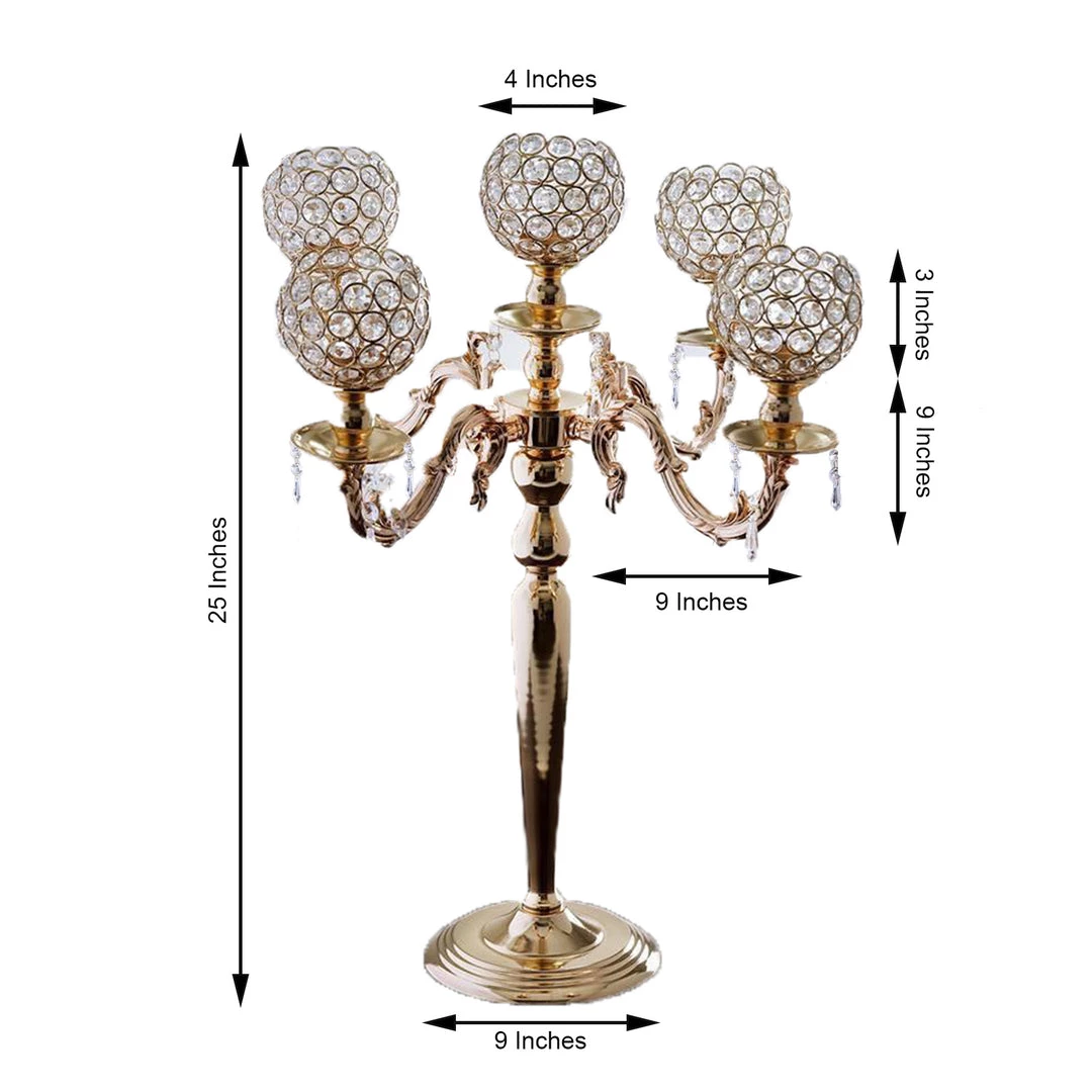 HIER_3820 Chargers & Centerpieces 25" Tall 5 Arm Gold Crystal Beaded Globe Metal Candelabra Candle Holder 3 HIER_3820 Chargers & Centerpieces 25" Tall 5 Arm Gold Crystal Beaded Globe Metal Candelabra Candle Holder