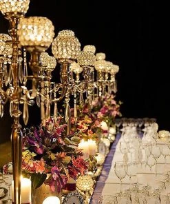HIER_3820 Chargers & Centerpieces 25" Tall 5 Arm Gold Crystal Beaded Globe Metal Candelabra Candle Holder