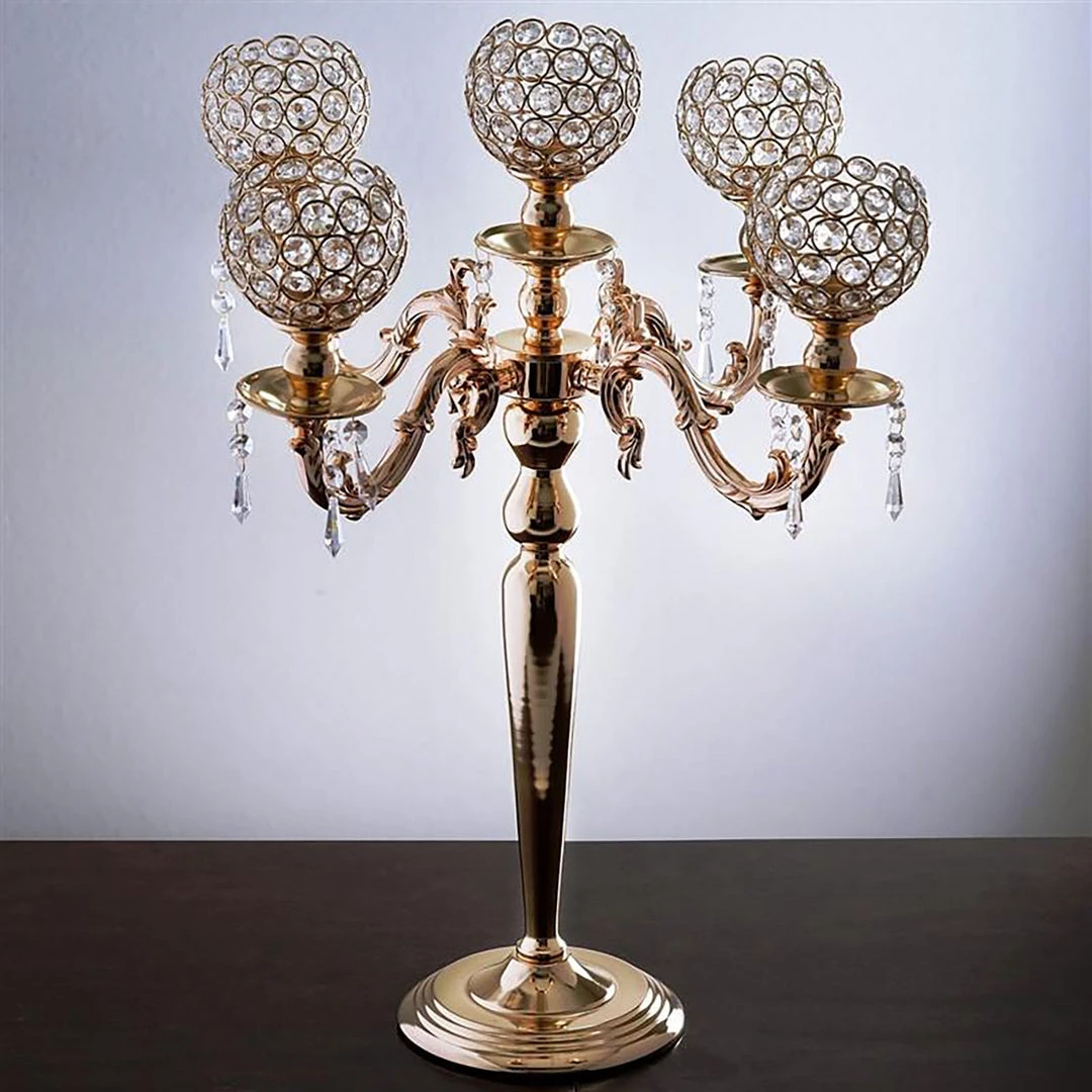 HIER_3820 Chargers & Centerpieces 25" Tall 5 Arm Gold Crystal Beaded Globe Metal Candelabra Candle Holder 1 HIER_3820 Chargers & Centerpieces 25" Tall 5 Arm Gold Crystal Beaded Globe Metal Candelabra Candle Holder