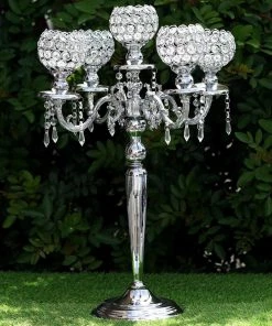 HIER_4340 25" Tall 5 Arm Silver Crystal Beaded Globe Metal Candelabra Candle Holder Chargers & Centerpieces