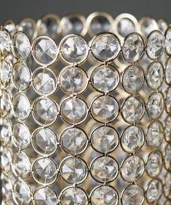 HIER_4310 16" Tall Shiny Gold Metal Full Crystal Beaded Pillar Candle Holder Stand Chargers & Centerpieces