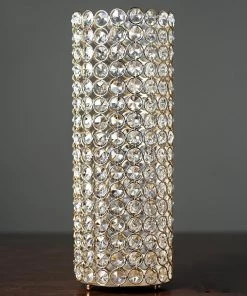 HIER_4310 16" Tall Shiny Gold Metal Full Crystal Beaded Pillar Candle Holder Stand Chargers & Centerpieces