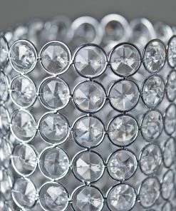 HIER_4310 16" Tall Metallic Silver Full Crystal Beaded Pillar Candle Holder Stand
