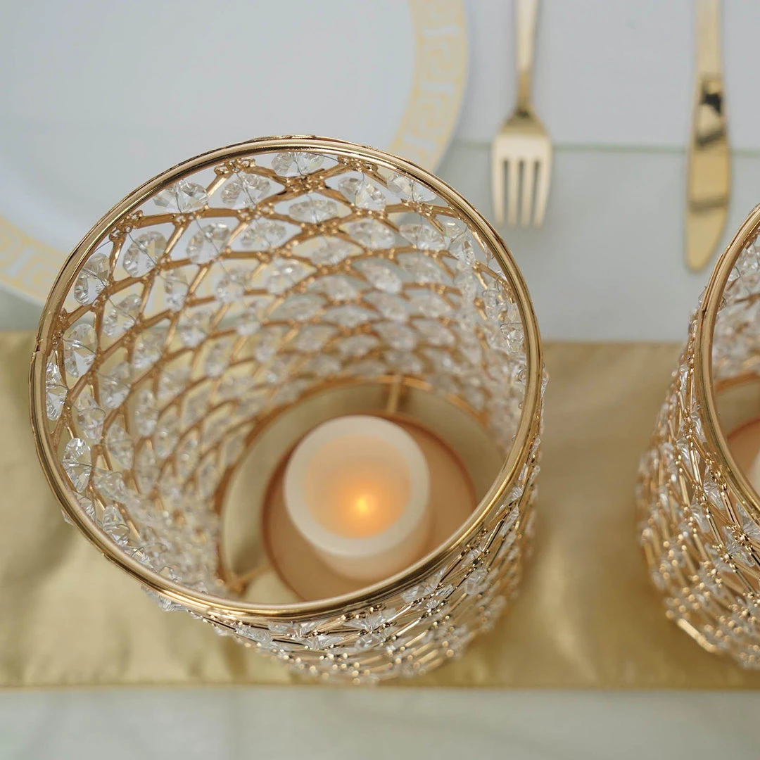 HIER_4310 Chargers & Centerpieces 2 Pack | 9” Gold Metal Crystal Beaded Pillar Votive Candle Holder Set, Multipurpose Crystal Flower Stem Vase 7 HIER_4310 Chargers & Centerpieces 2 Pack | 9” Gold Metal Crystal Beaded Pillar Votive Candle Holder Set, Multipurpose Crystal Flower Stem Vase