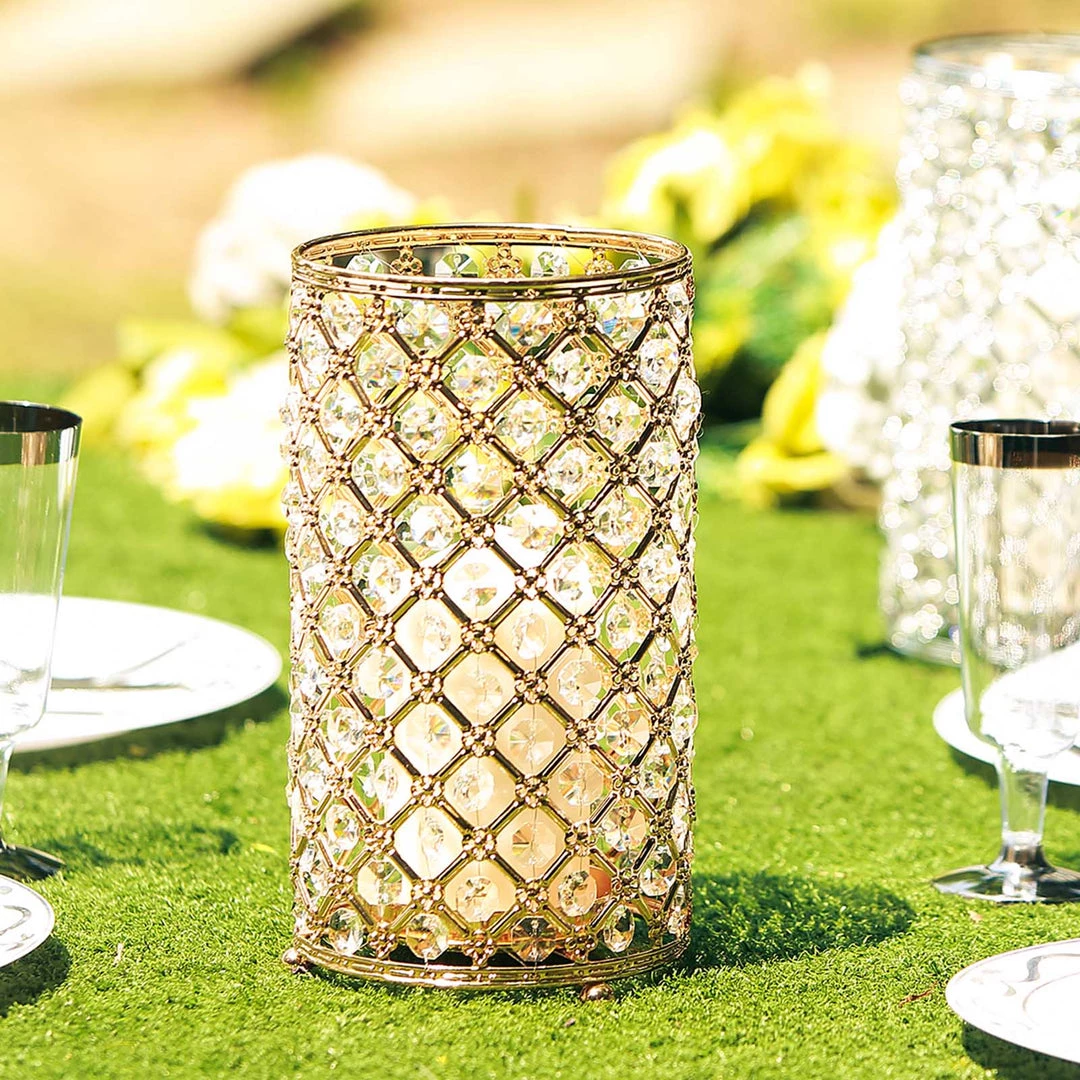 HIER_4310 Chargers & Centerpieces 2 Pack | 9” Gold Metal Crystal Beaded Pillar Votive Candle Holder Set, Multipurpose Crystal Flower Stem Vase 10 HIER_4310 Chargers & Centerpieces 2 Pack | 9” Gold Metal Crystal Beaded Pillar Votive Candle Holder Set, Multipurpose Crystal Flower Stem Vase
