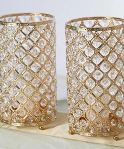 HIER_4310 Chargers & Centerpieces 2 Pack | 9” Gold Metal Crystal Beaded Pillar Votive Candle Holder Set, Multipurpose Crystal Flower Stem Vase