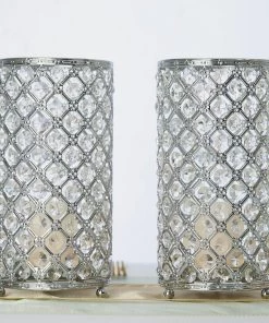 HIER_4310 2 Pack | 9” Metallic Silver Crystal Beaded Pillar Votive Candle Holder Set, Multipurpose Crystal Flower Stem Vase Chargers & Centerpieces