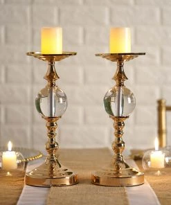 HIER_4310 2 Pack | 13" Gold Metallic Pillar Candle Holder Set, Votive Candle Stands With Clear Acrylic Ball