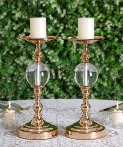 HIER_4310 2 Pack | 13" Gold Metallic Pillar Candle Holder Set, Votive Candle Stands With Clear Acrylic Ball
